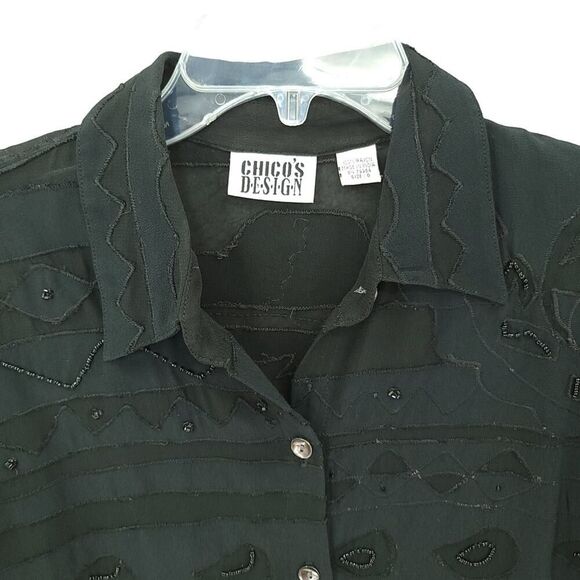 Vintage Black Beaded Rayon Shirt Dress Chico's Size S/M - Picture 3 of 13